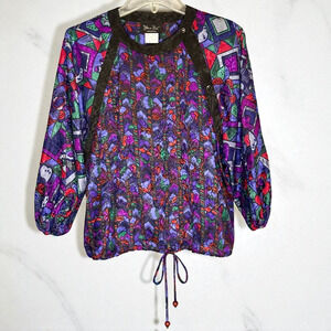 Vintage Diane Freis Colorful Silk Blouse Size Large Artsy Puff Sleeve Tie Waist
